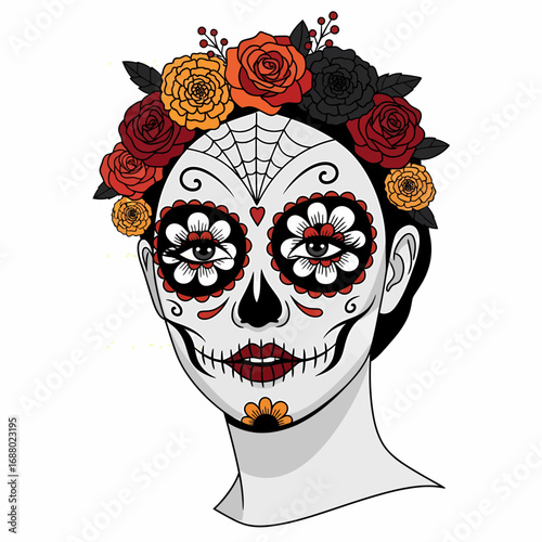 A beautiful woman with intricate sugar skull face paint and a crown of colorful roses for Día de los Muertos.