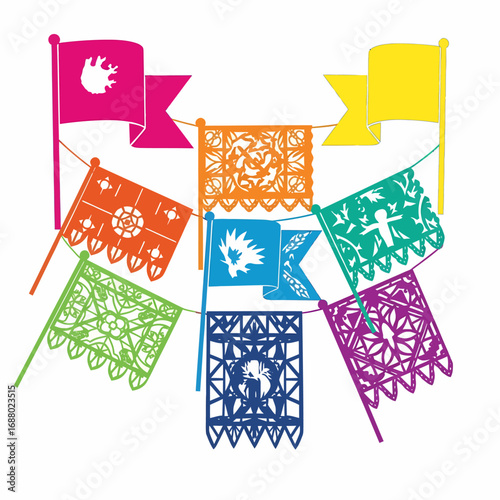 Colorful papel picado banners strung together in a heart shape, showcasing diverse religious symbols.