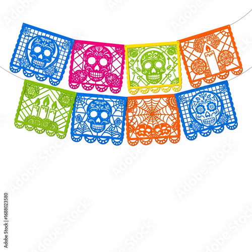 Colorful papel picado banner with skull and candle designs for Dia de los Muertos celebration.