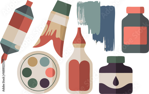 Artistic Illustration Paint Tubes, Ink Bottles, Palette and Brush Strokes, Flat Design