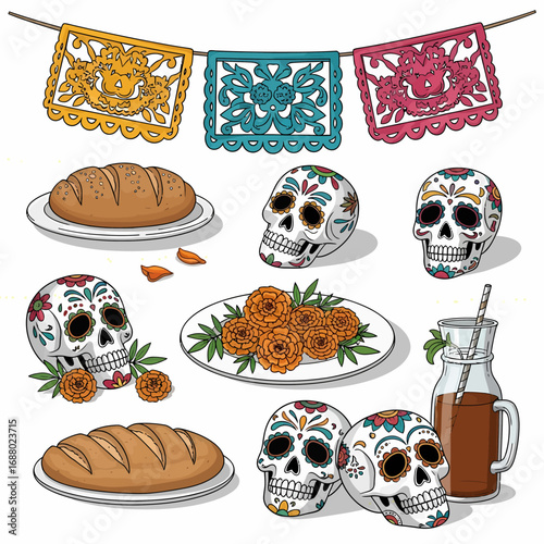 A collection of traditional Mexican Day of the Dead elements, including sugar skulls, pan de muerto, and papel picado.