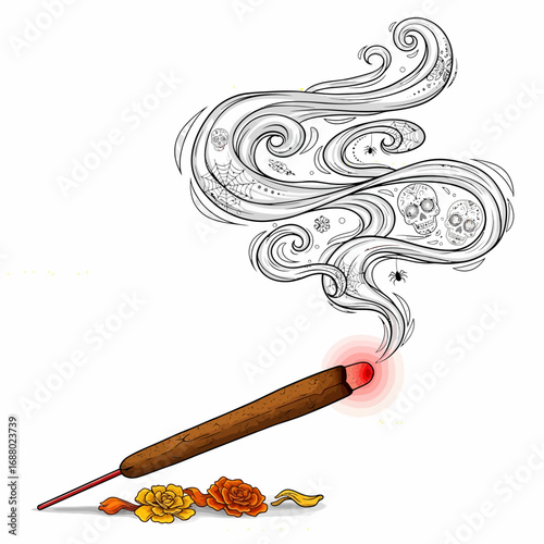 An ornate illustration of a burning incense stick with smoke forming sugar skulls for Dia de los Muertos.