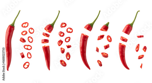 A progression of a single red chili pepper being sliced into rings. © Watchak