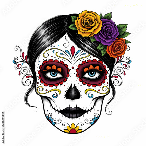 A vibrant and artistic depiction of a sugar skull adorned with colorful floral accents and intricate face paint, representing a traditional Day of the Dead aesthetic.
