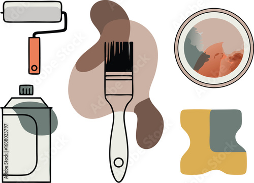 Artistic Rendering of Painting Supplies Paint Roller, Brush, Can, Sponge, and Paint Pot