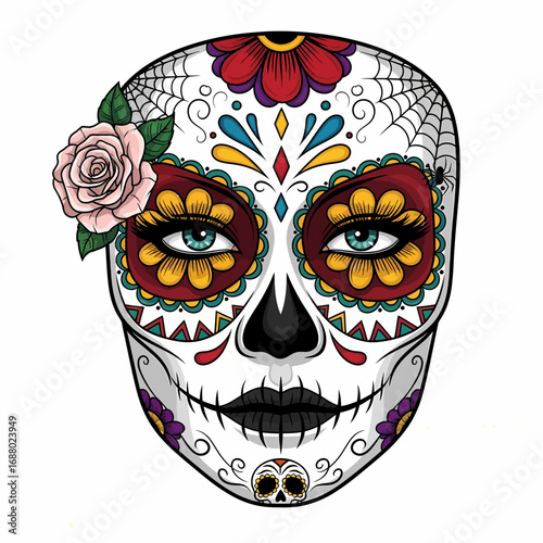 Colorful bouquet of marigold flowers, decorated with Day of the Dead skulls and papel picado, festive and symbolic.