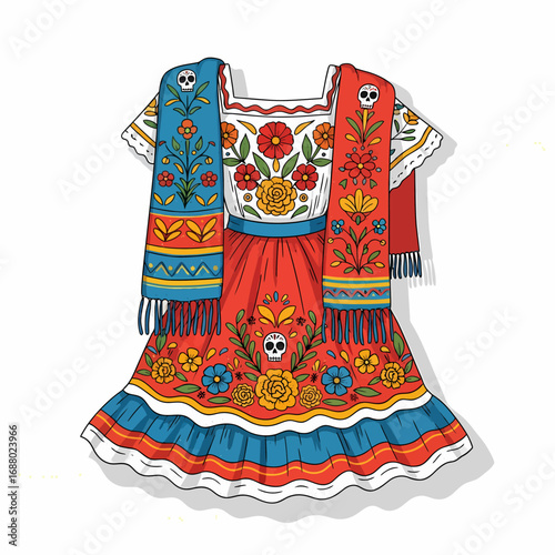 Colorful bouquet of marigold flowers, decorated with Day of the Dead skulls and papel picado, festive and symbolic.