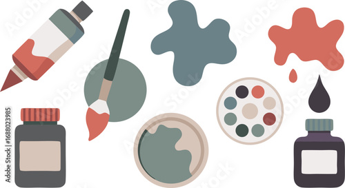 Artistic Supplies Paint Tube, Brush, Ink Bottle, Palette, and Splatters in a Cute Flat