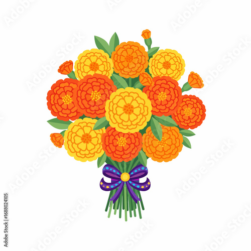 Colorful bouquet of marigold flowers, decorated with Day of the Dead skulls and papel picado, festive and symbolic.