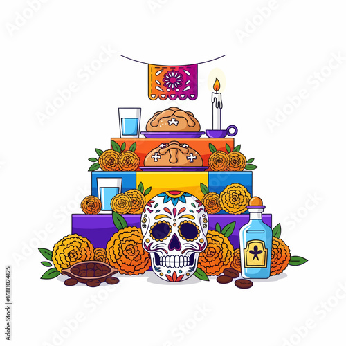 Colorful bouquet of marigold flowers, decorated with Day of the Dead skulls and papel picado, festive and symbolic.