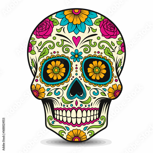 Colorful bouquet of marigold flowers, decorated with Day of the Dead skulls and papel picado, festive and symbolic.