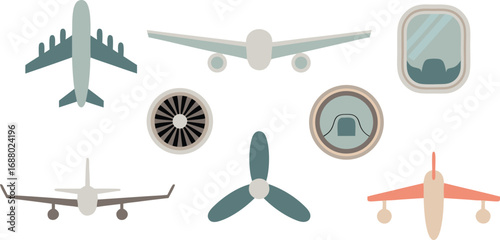 Assorted Aircraft Parts and Plane Designs Retro Style Featuring Airplane Elements and Flying Machines
