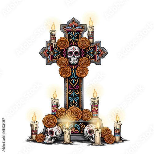 Ornate cross with skulls, marigolds, and lit candles, a colorful Day of the Dead altar illustration.