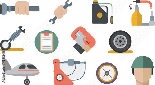 Assorted Automotive and Mechanical Illustrations Wrench, Oil, Plane, Helmet, Wheel, Micrometer, and Hand Tools Design