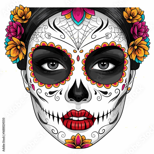 Colorful bouquet of marigold flowers, decorated with Day of the Dead skulls and papel picado, festive and symbolic.