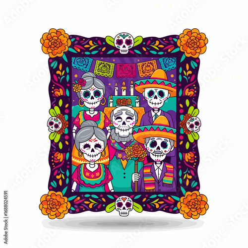Colorful bouquet of marigold flowers, decorated with Day of the Dead skulls and papel picado, festive and symbolic.
