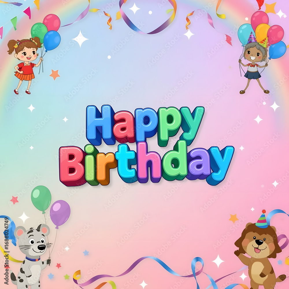 Fototapeta premium Happy Birthday Rainbow Cartoon Fun