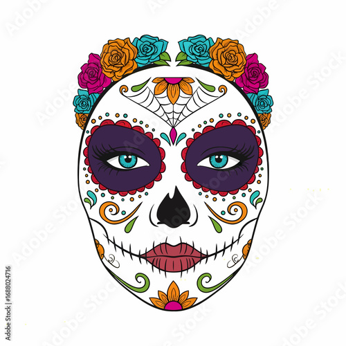 Colorful Calavera Catrina face paint design, adorned with floral crown.