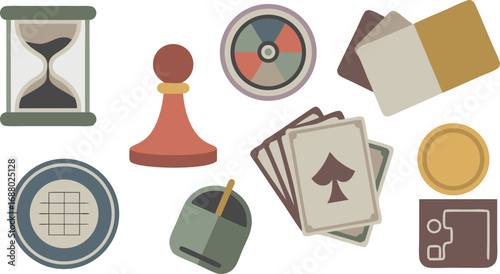 Assorted Game Night Elements Hourglass, Pawn, Spinner, Cards, Dice, Coin, and Puzzle Piece