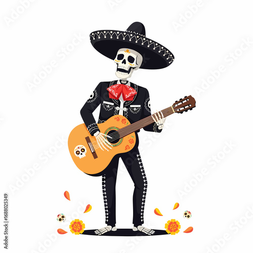 Colorful bouquet of marigold flowers, decorated with Day of the Dead skulls and papel picado, festive and symbolic.