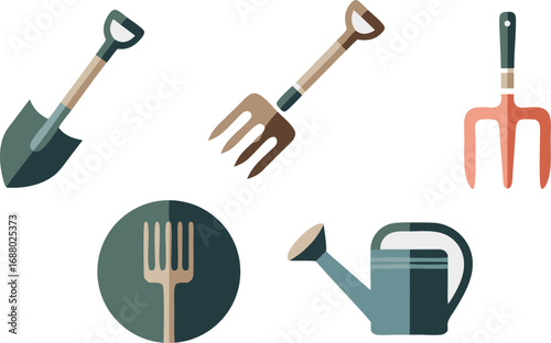 Assorted Garden Tools Spade, Rake, Pitchfork, Watering Can, and Rake with Circle Background Graphics