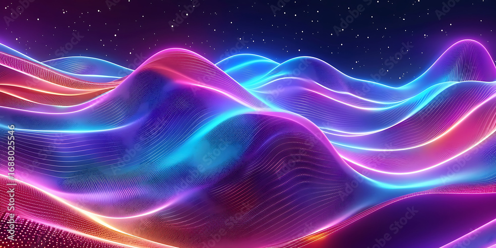 Fototapeta premium Vibrant neon waves flow across a futuristic landscape under a starry night sky.