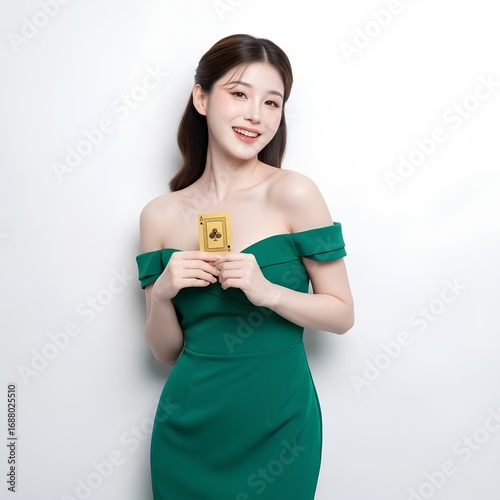 beautiful korea casino girl holding casino card
