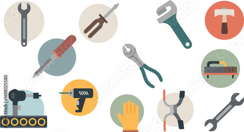 Assorted Hand Tools Illustration Wrenches, Screwdrivers, Pliers, Hammer, Drills, Glove, and Assembly Line