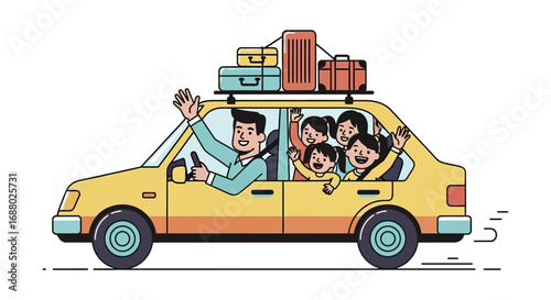 Cheerful Family Road Trip in a Yellow Car with Luggage on the Roof.