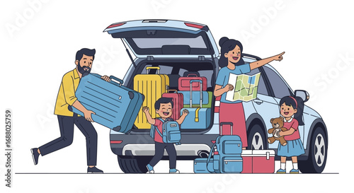 Family Loading Luggage into Car for Road Trip Adventure.