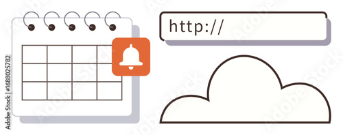 Calendar with reminder bell, URL browser bar, and cloud illustration. Ideal for scheduling, notification, online planning, cloud storage, internet accessibility, web tools simple flat metaphor