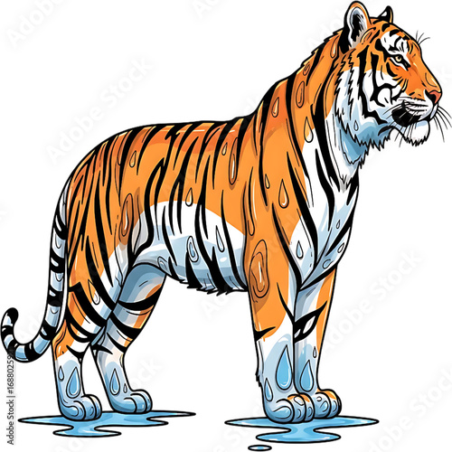 Vector Art of Bengal Tiger Standing in Rain with Water Droplets without backgrounds