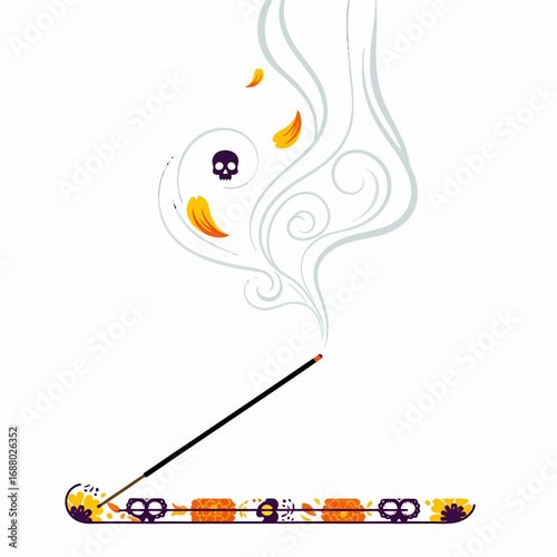 A burning incense stick in a decorative holder with skulls and petals, symbolizing the Day of the Dead festival.