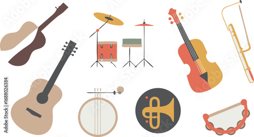 Assorted Musical Instruments Guitars, Drums, Violin, Banjo, Trumpet, and Tambourine Isolated on White