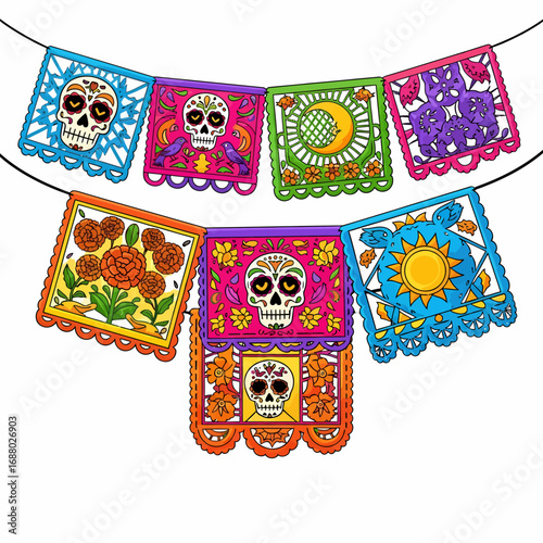 Colorful papel picado banners, featuring intricate designs of skulls, flowers, and symbols, perfect for Dia de los Muertos celebrations.