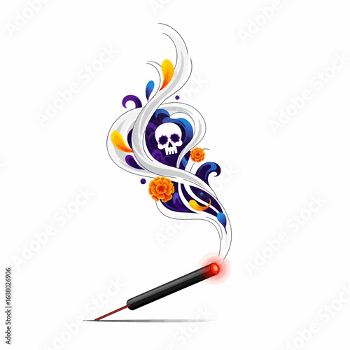 Abstract illustration of incense smoke with a skull, vibrant colors, and decorative swirls.