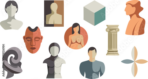 Assorted Sculptures and Architectural Elements Illustration Featuring Busts, a Cube, and a Column