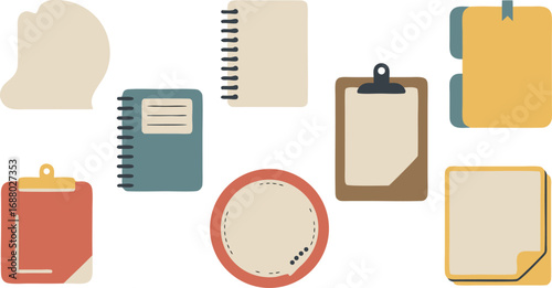 Assorted Stationery Items Illustration Clipboards, Notepads, Round Sticker, and Abstract Shape Elements Isolated