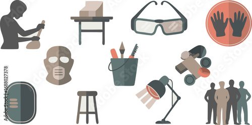 Assorted Tools and Silhouettes Sculptor Shaping Clay, Protective Gear, Lighting, and Stylized People Group