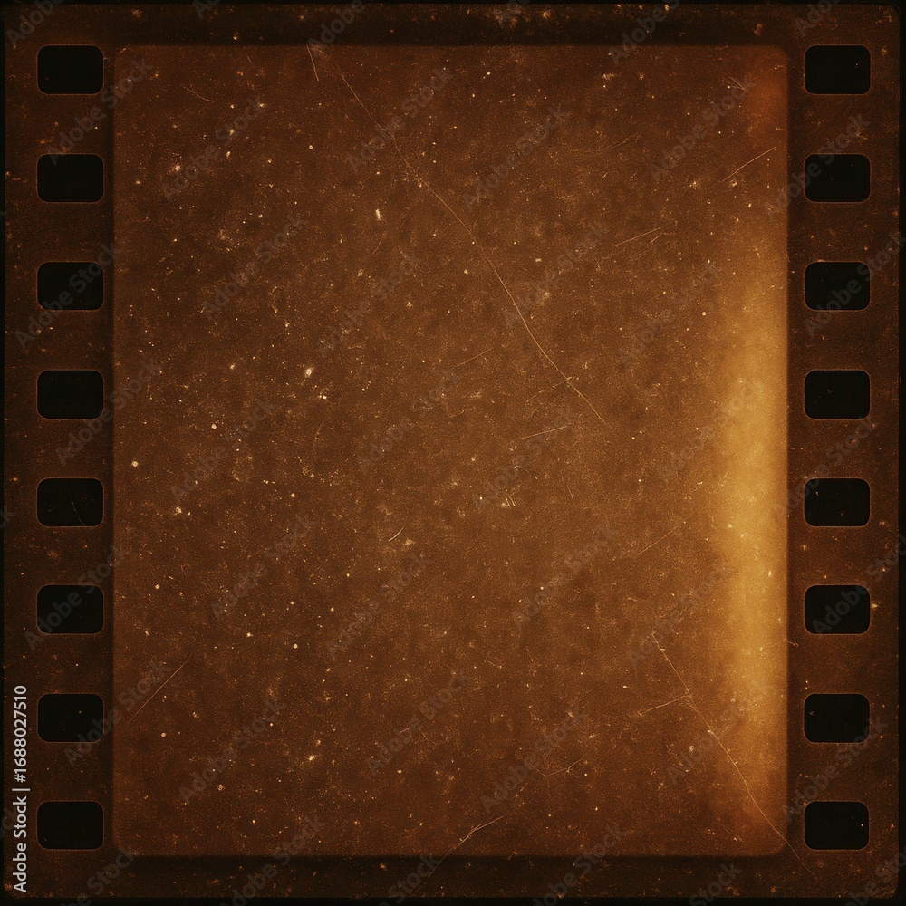 Obraz premium Vintage 16mm film strip with authentic scratches and light leaks creating nostalgic photography overlay texture for creative design projects
