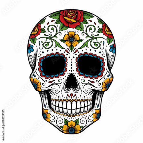 Ornate Sugar Skull adorned with vibrant flowers and swirling patterns, a symbol of Dia de los Muertos.