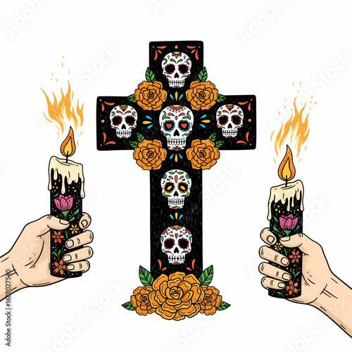 Hands holding decorated candles flank a cross adorned with sugar skulls and marigolds for Día de los Muertos.