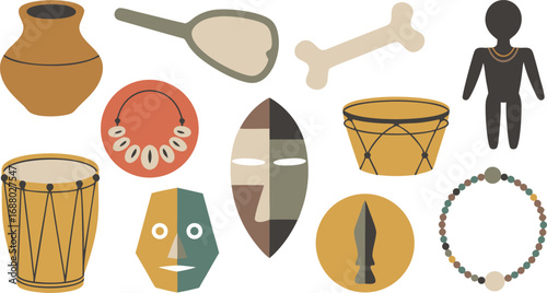 Assortment of African Tribal Items Masks, Pottery, Drum, Jewelry, and More Illustration