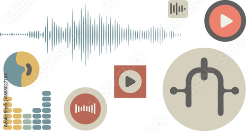 Audio Recording and Playback Icons Sound Wave, Play Buttons, and Volume Meter