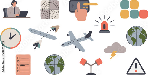 Aviation Control Center Plane Tracking, Globe, Radar, Weather, Checklist, Alert and Controller Illustration