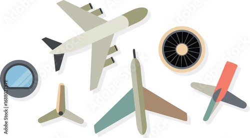 Aviation Icons Flat Design of Airplanes, Propellers, Turbine, and Aircraft Window on White
