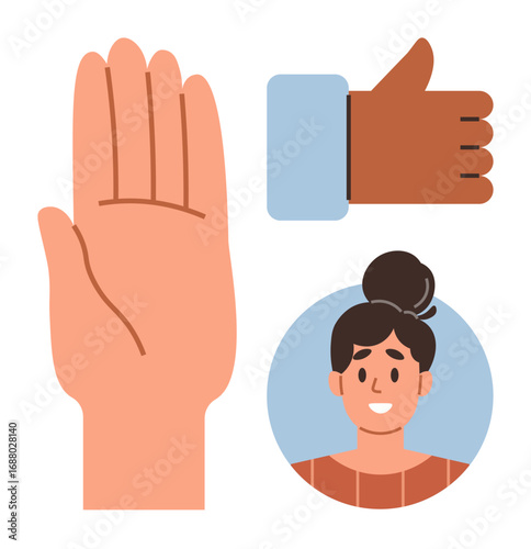 Open hand, thumbs-up gesture, smiling woman in profile circle. Ideal for communication, diversity, self-expression, interaction, social engagement teamwork inclusivity. Minimal flat metaphor