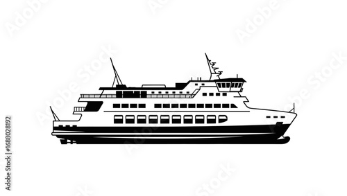 Monochrome vector illustration of a passenger ferry, an iconic symbol of water transportation and maritime travel, ideal for designs related to voyages and public transit