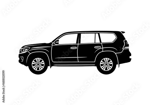 Side view profile of a modern sport utility vehicle. Black silhouette of an off-road car vector illustration isolated on white background