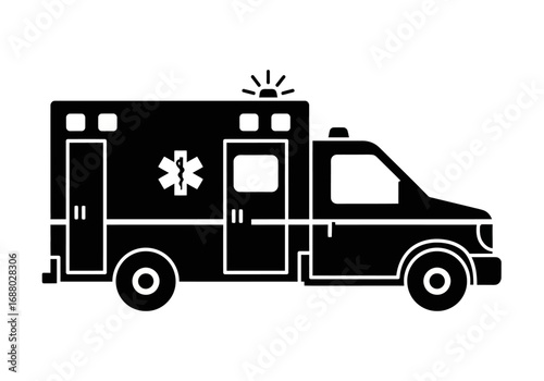 Ambulance vehicle silhouette icon. Emergency medical service van for hospital transport. Vector graphic illustration isolated on a white background